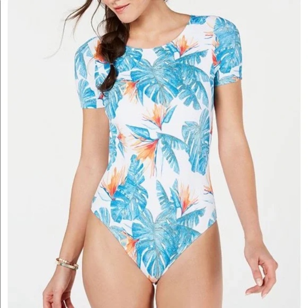 Roxy women's short-sleeve one-piece swimsuit with a tropical print